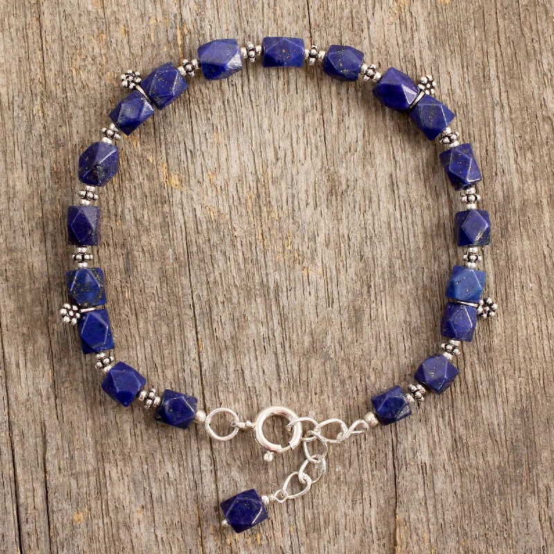 bracelet for men with nautical theme -Blossoming Ecstacy Lapis Lazuli & Silver Beaded Bracelet