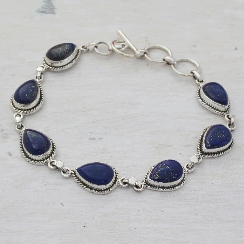 chic gemstone bracelet with custom fit -Caressing Rain in Blue Lapis Lazuli & Silver Link Bracelet