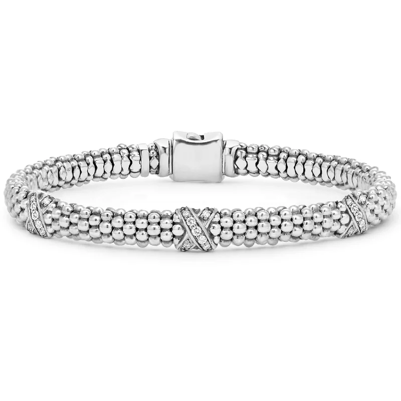 stylish bracelet with delicate chains -Embrace Three Station Silver X Diamond Bracelet | 6mm