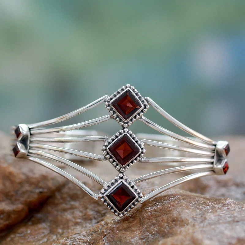 bracelet with leaf charm for nature lovers -Garnet & Sterling Silver Cuff Bracelet