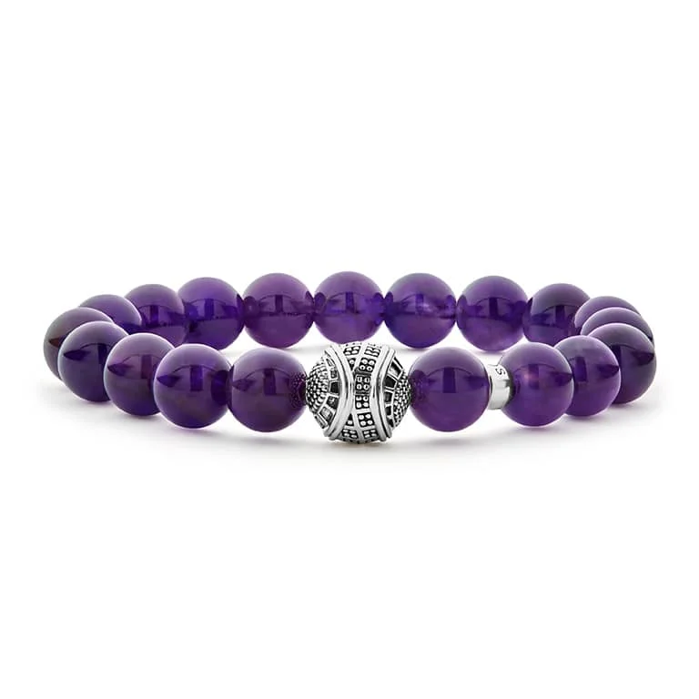 bracelet with skull charm for edgy look -Keep Memory Alive Amethyst Silver Station Bead Bracelet