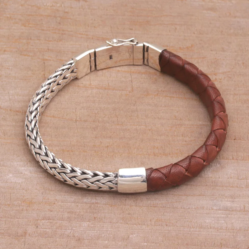 silver chain bracelet with charm for unique look -Men's Halfway to Home Sterling Silver Leather Bracelet