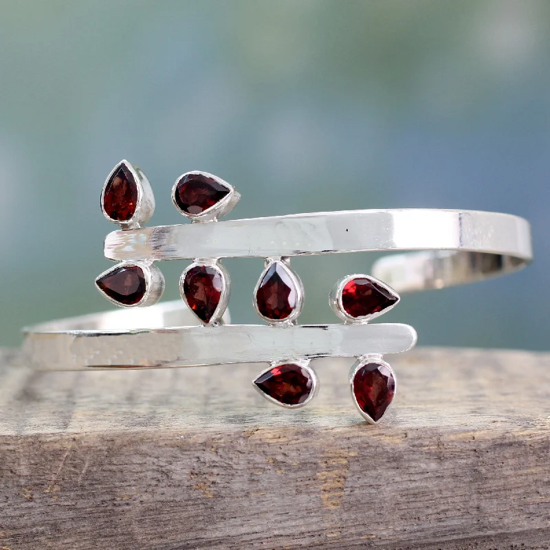 bracelet with unique clasp for secure fit -Red Forest Fern Garnet & Silver Cuff Bracelet