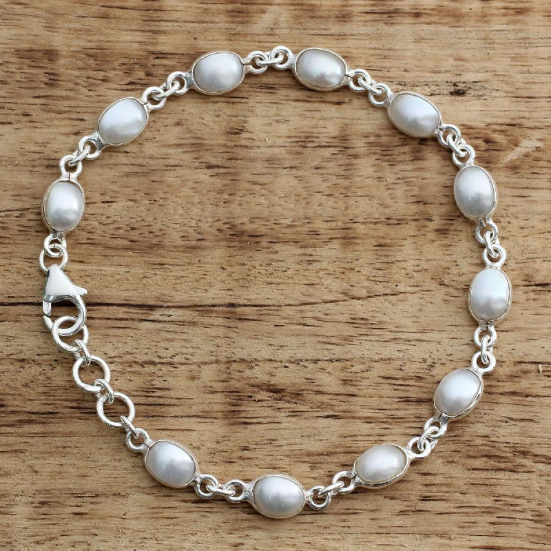 bracelet with leaf charm for nature lovers -Romantic Aura Pearl & Silver Bracelet