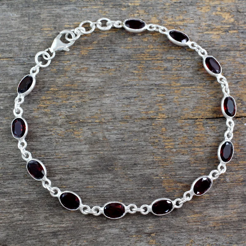 boho chic bracelet with turquoise stones -Romantic Red Garnet Silver Tennis Bracelet