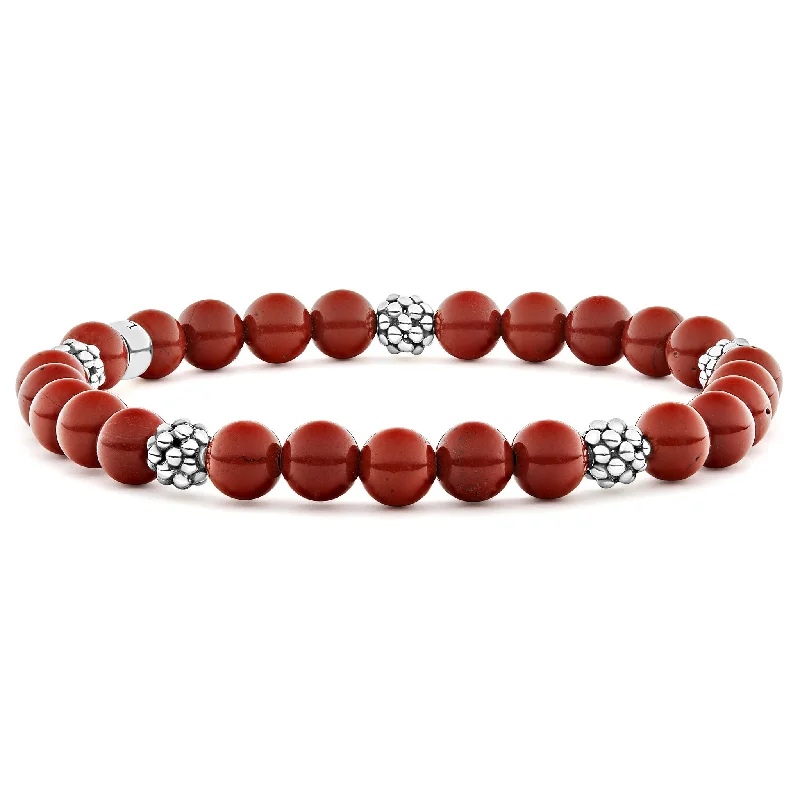 bracelet with engraved message for loved one -Signature Caviar Five Station Silver Red Jasper Bead Bracelet