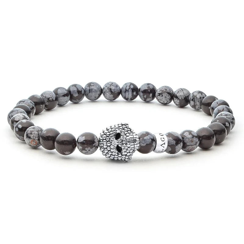 bracelet for anniversary with custom engraving -Anthem Snowflake Obsidian Skull Bracelet