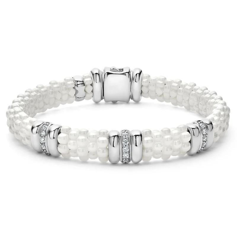 multi-strand bracelet with chic beads -White Caviar Three Station Ceramic Diamond Bracelet | 9mm