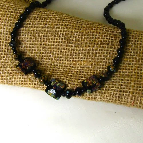 floral gemstone necklace -Black Handmade Artisan & Black Onyx Bead Necklace