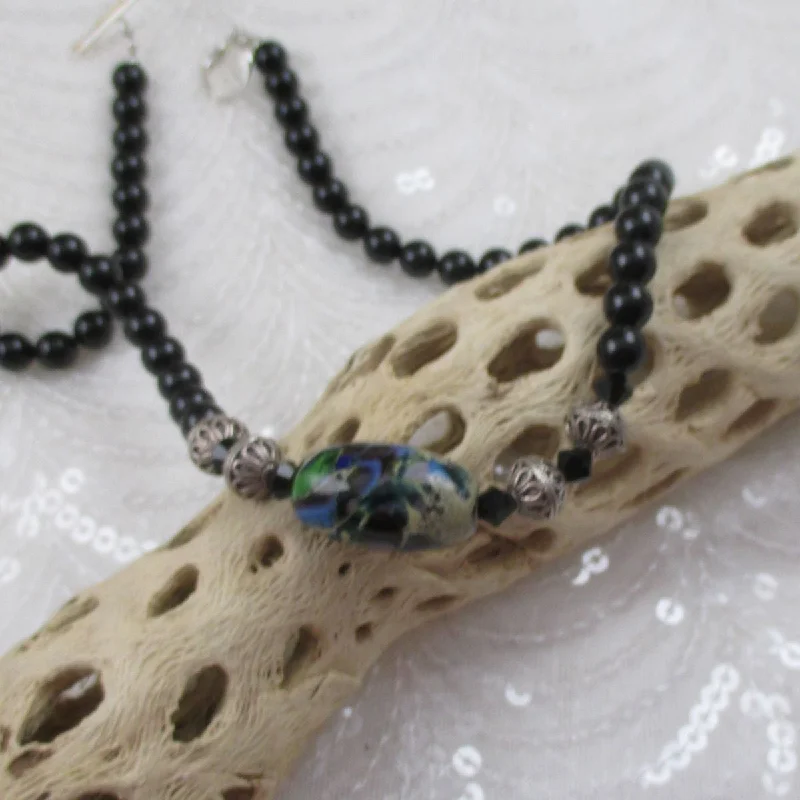 double heart pendant necklace -Black Handmade Swirled Artisan Bead and  Black Pearl Necklace