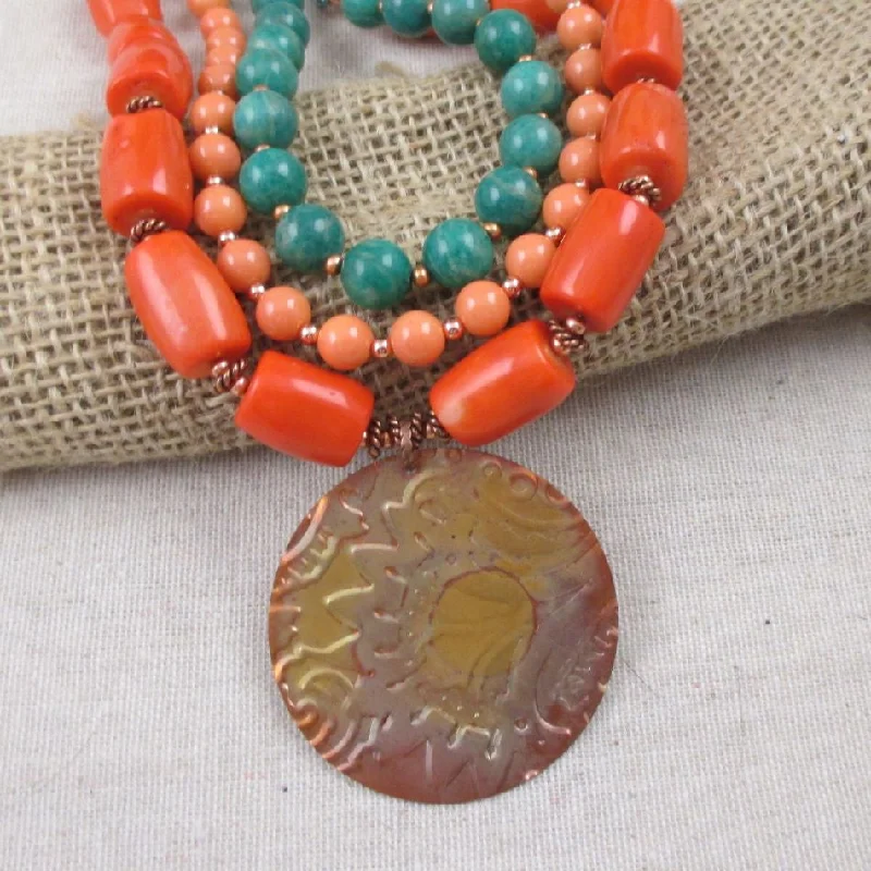 long chain with pendant -Amazonite Statement Multi Strand Necklace with Big Copper Pendant