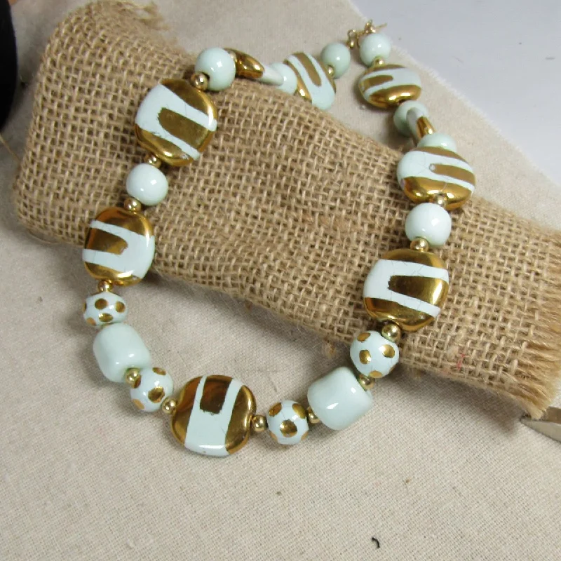 simple gemstone chain necklace -Kazuri Necklace Handmade Aqua & Gold Beads