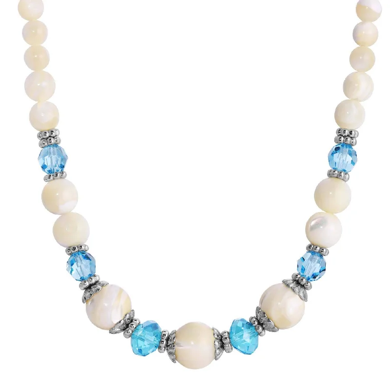 luxury heart pendant necklace -1928 Jewelry Aquamarine Crystal Mother Of Pearl Necklace 15" + 3" Extender