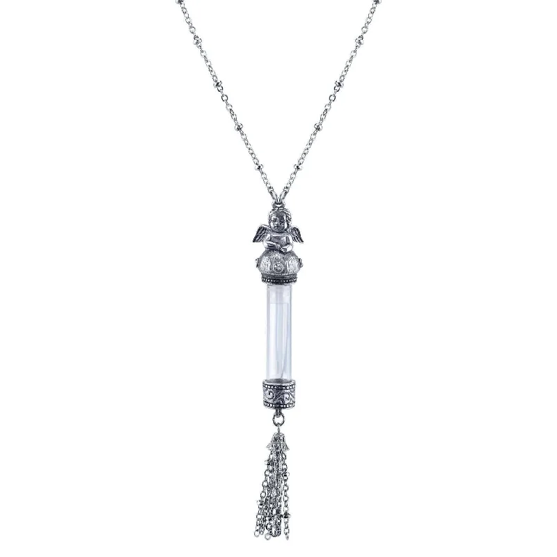 dainty silver pendant necklace -1928 Jewelry Antiqued Wing Cherub Angel Clear Crystal Glass Vial Tassel Necklace 30"