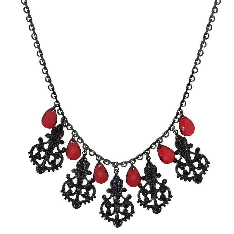 unique pendant for birthday gift -1928 Jewelry Black Royal Filigree Ornamental Red Briolette Drop Necklace 16" + 3" Extender