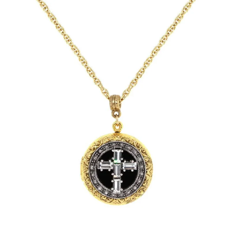 personalized pendant chain necklace -1928 Jewelry Enamel & Baguette Crystal Cross Locket Necklace 16" + 3" Extender