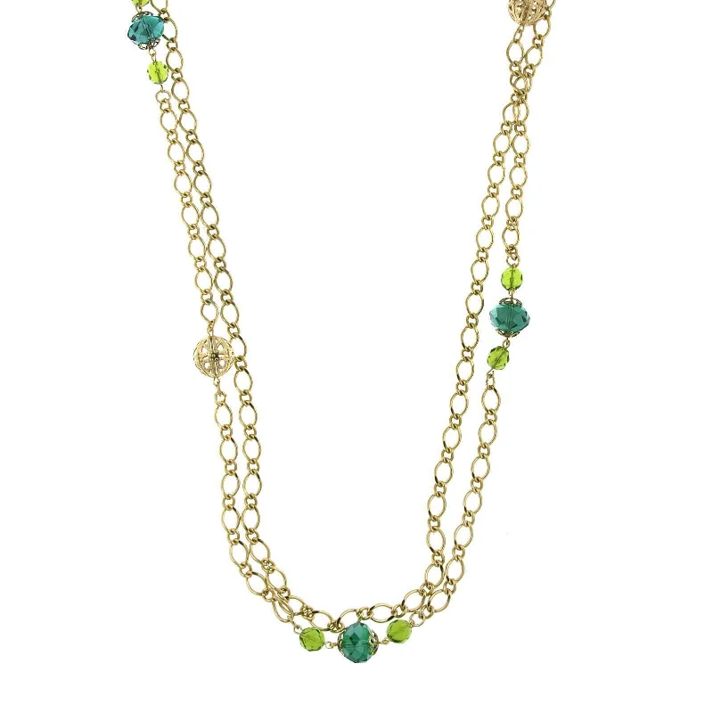 vintage gold pendant necklace -1928 Jewelry Green Crystal And Filigree Bead Long Necklace 42"