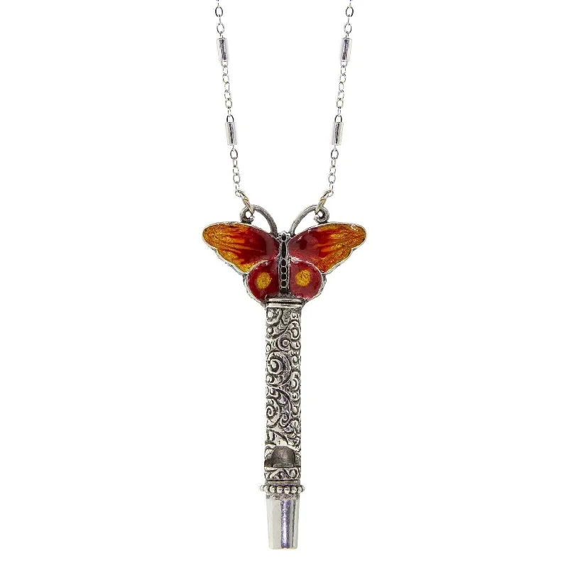 dainty necklace with pendant -1928 Jewelry Multicolor Enamel Butterfly Etched Filigree Whistle Necklace 30"