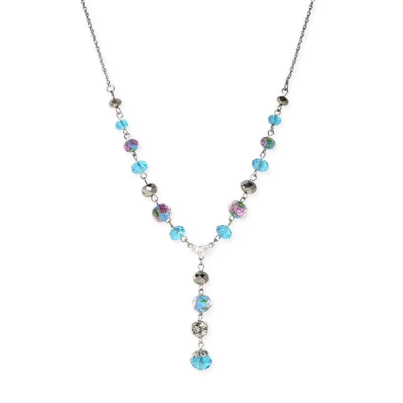 trendy moonstone necklace -1928 Jewelry Pink Flower Bead Crystal Y-Necklace 16" + 3" Extender