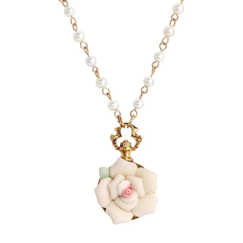 custom silver charm necklace -1928 Jewelry White Garden Porcelain Rose Faux Pearl Necklace 16" + 3" Extender