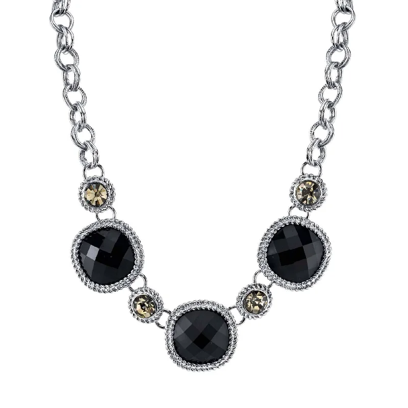 vintage gold heart necklace -2028 Jewelry Black Faceted Stone & Black Diamond Crystal Necklace 16" + 3" Extender