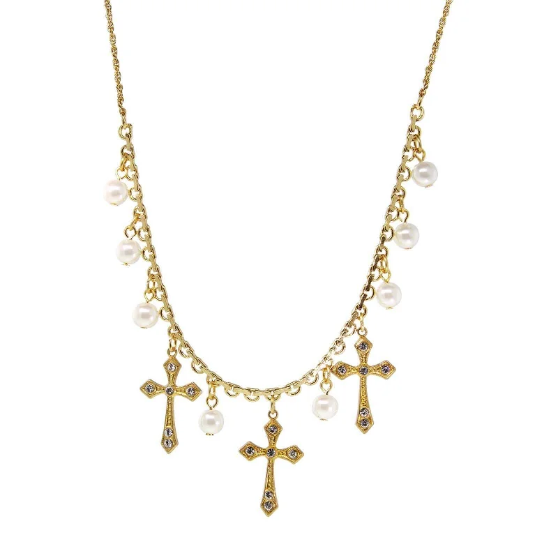 crystal pendant chain necklace -Symbols Of Faith Triple Cross Faux Pearl Drop Necklace 16" + 3" Extender