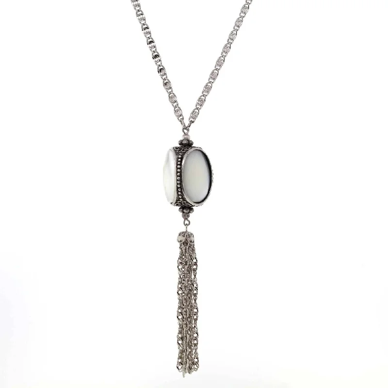 custom charm necklace for girlfriend -1928 Jewelry Pewter Costume Mother Of Pearl 3 Sided Spinner Tassel Necklace 30"