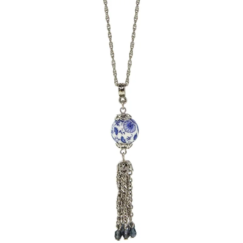 custom crystal pendant for necklace -1928 Jewelry Blue Willow Round Bead With Tassel Drop Necklace 16" + 3" Extender