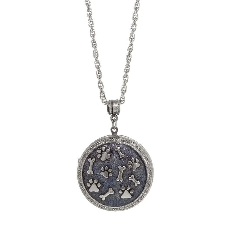 long chain with pendant -1928 Jewelry Blue Enamel Round Paws And Bones Locket Necklace 28"