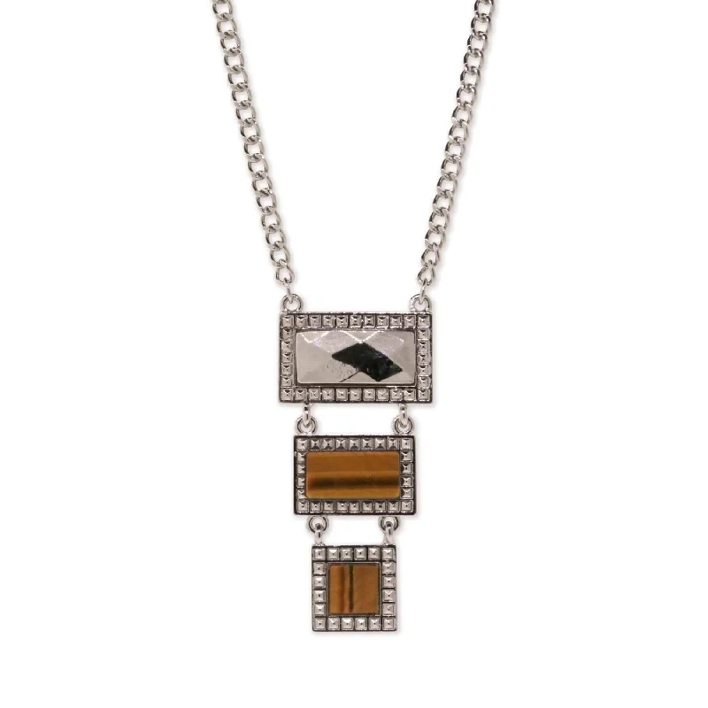 minimalist pendant necklace with engraving -1928 Jewelry Tigers Eye Gemstone Rectangle Square Drop Necklace 16" + 3" Extender