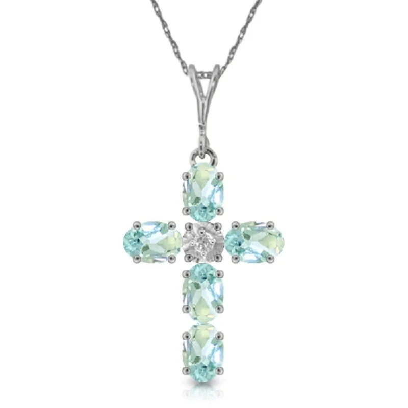 crystal necklace for evening wear -1.75 Carat 14K White Gold Cross Necklace Natural Diamond Aquamarine