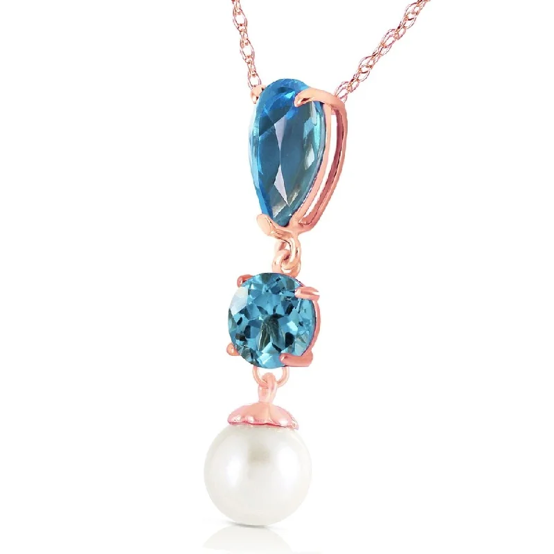 layered gold necklace with pendant -5.25 CTW 14K Solid Rose Gold Necklace Blue Topaz pearl