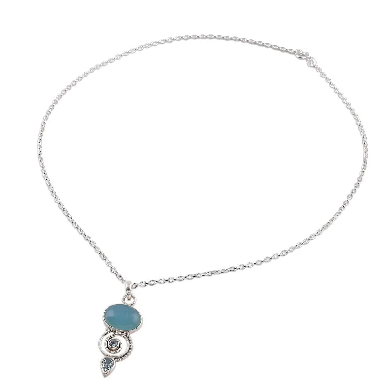 diamond choker for women -Blue Topaz and Chalcedony Pendant Necklace, 'Sentimental Journey' (India) - 7'6" x 9'6"