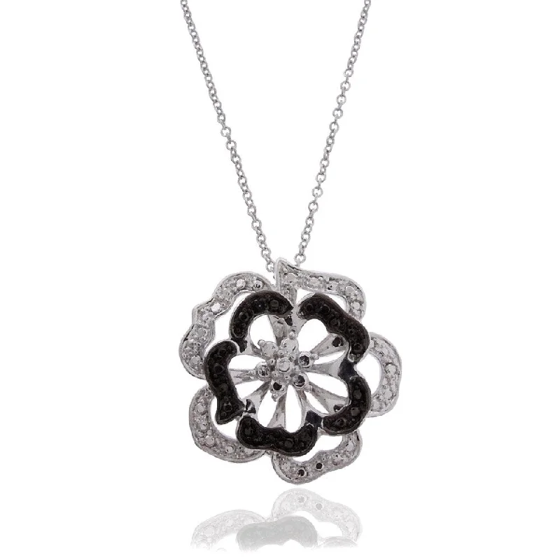 personalized pendant chain necklace -Finesque Silver Overlay Black and White Diamond Accent Flower Necklace