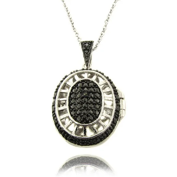 gemstone pendant necklace for men -Finesque Silver Overlay Black Diamond Accent Oval Filigree Locket