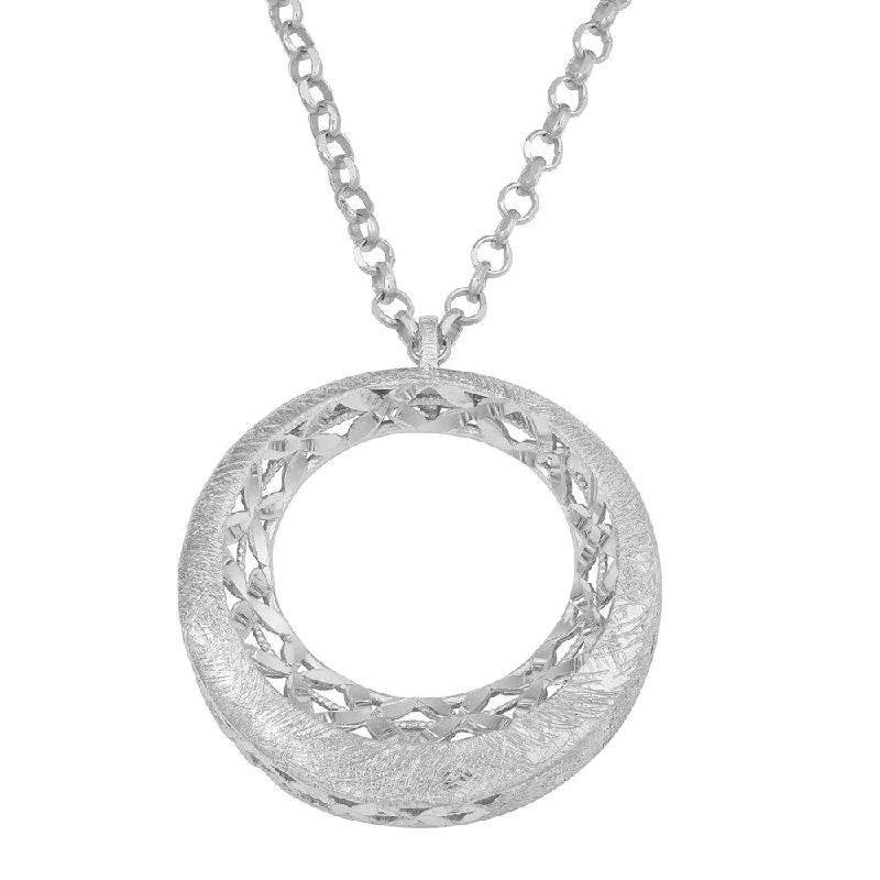 floral gemstone necklace -Fremada Rhodium-plated Sterling Silver Diamond-cut Laser Etched Fancy Crescent Circle Adjustable Necklace