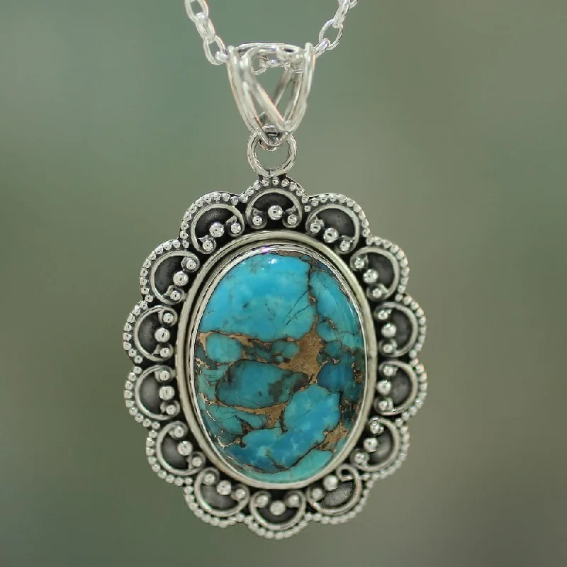 personalized charm pendant for necklace -Handcrafted Sterling Silver 'Royal Halo' Turquoise Necklace (India) - 7'6" x 9'6"