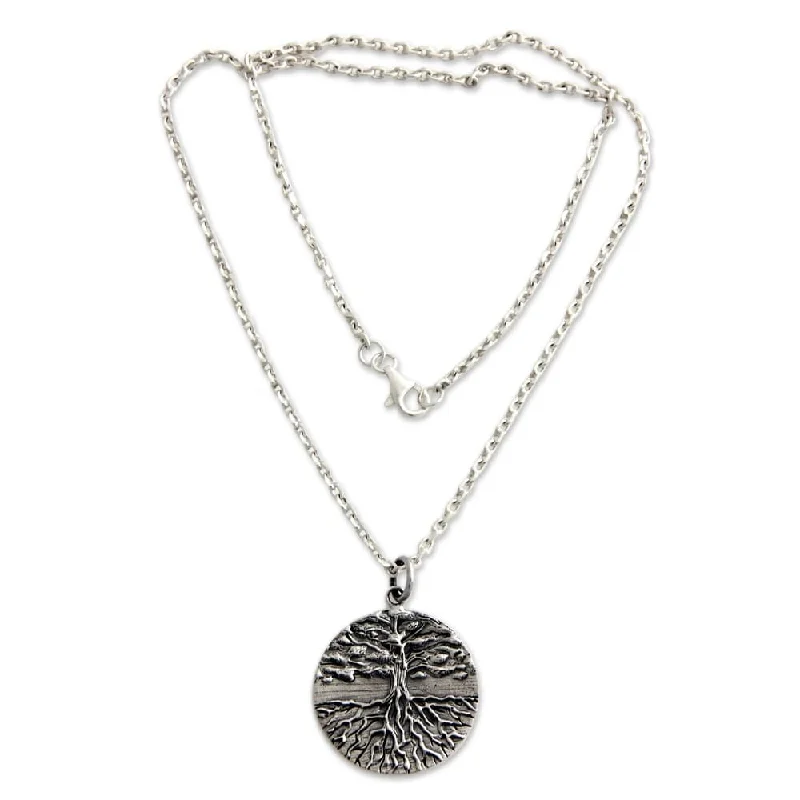 gemstone pendant necklace for gift -Handmade Men's Sterling Silver Necklace Tree of Life (Indonesia) - 7'6" x 9'6"