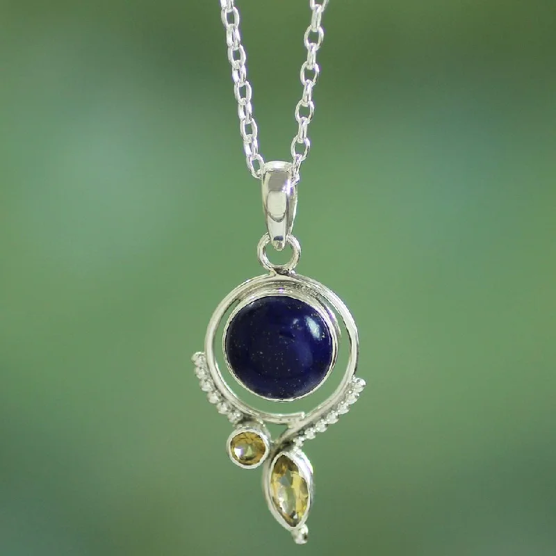 personalized necklace for kids -Handmade Sterling Silver 'Enigmatic Glow' Lapis Lazuli Citrine Necklace (India) - 7'6" x 9'6"