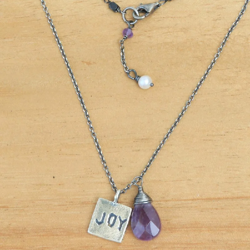 romantic pendant necklace for anniversary -Handmade Sterling Silver 'Inspiring Joy' Amethyst Cultured Pearl Necklace (4 mm) (Indonesia) - 0.5" L x 0.4" W x 0.1" D