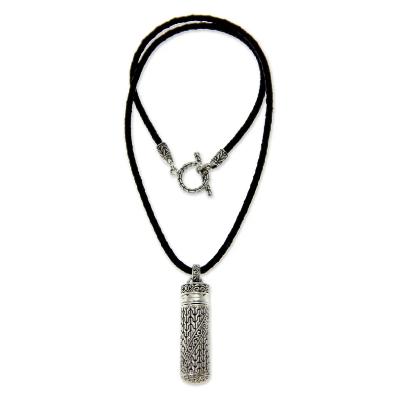 elegant chain necklace -Handmade Sterling Silver Men's 'Heart of Courage' Leather Necklace (Indonesia)