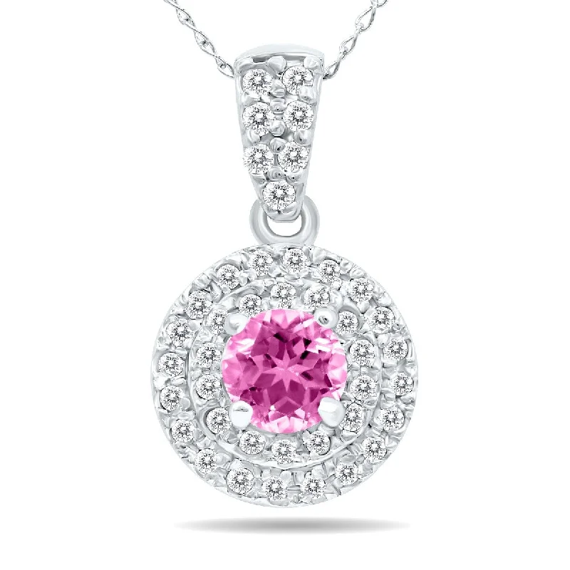 romantic pendant necklace for anniversary -Marquee 3/4 Carat TW Double Halo Pink Topaz And Diamond Pendant in 10K White Gold