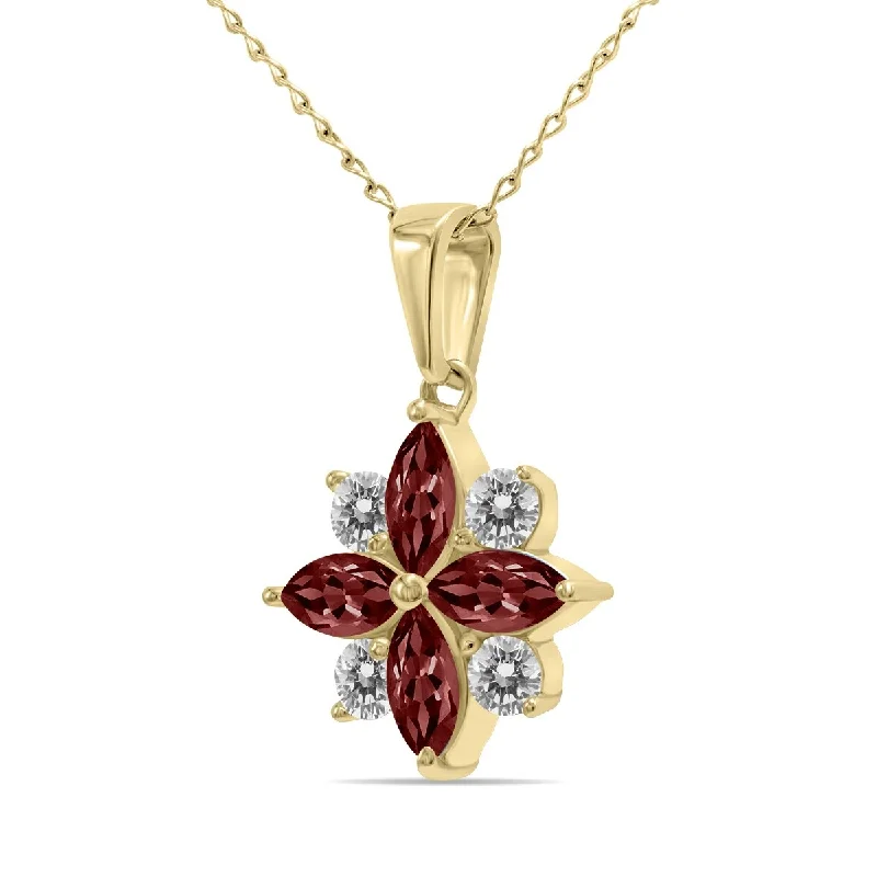 stunning pendant necklace with gemstones -Marquee Jewels 3/4 Carat TW Garnet and Diamond Flower Pendant in 10K Yellow Gold