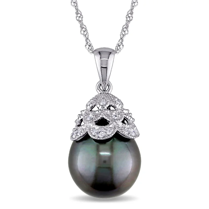 double gemstone pendant necklace -Miadora 10 -10.5mm Black Tahitian Cultured Pearl and Diamond Accent Filigree 10k White Gold