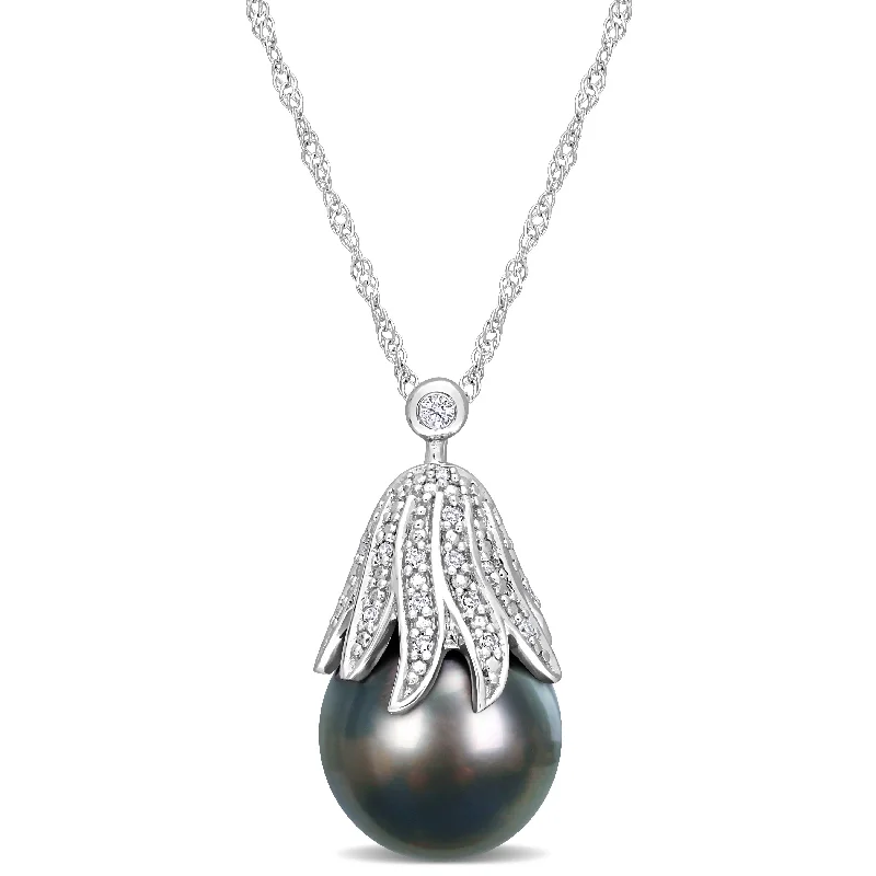 adjustable charm necklace for women -Miadora 10-11mm Black Tahitian Cultured Pearl & Diamond Accent 14k White Gold