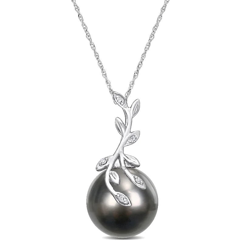 personalized couple's necklace -Miadora 12-12.5mm Black Tahitian Cultured Pearl and Diamond Accent Leaf Design 14k White Gold