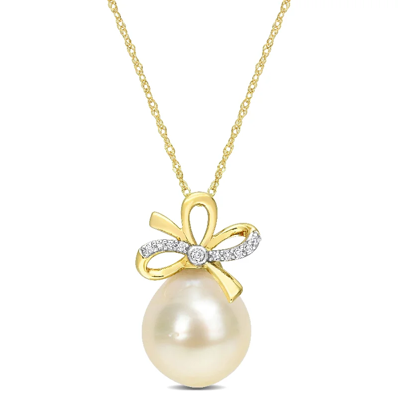 romantic gemstone necklace -Miadora 12-12.5mm Drop Golden South Sea Cultured Pearl and Diamond Accent Bow 14k Yellow Gold