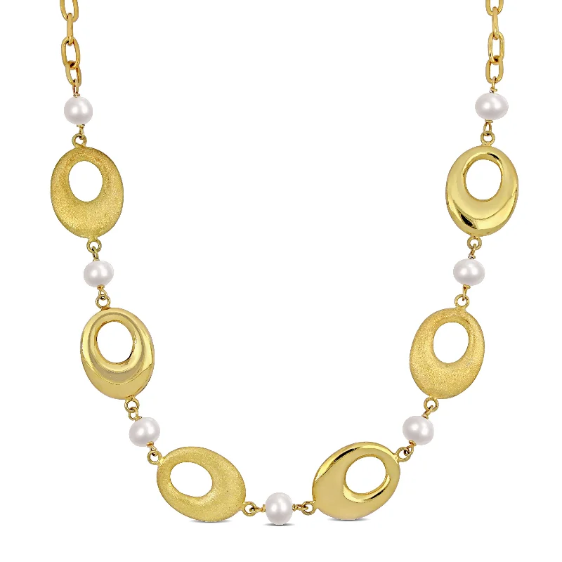 stylish infinity chain necklace -Miadora 6-7mm Cultured Freshwater Pearl and Oval Disc Station Chain Necklace in Yellow Silver - 20 in x 17 mm x 6.5 mm