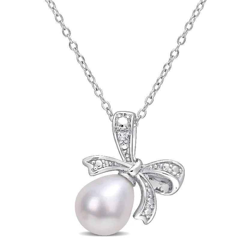 minimalist chain necklace with pendant -Miadora 8.5-9mm Cultured Freshwater Pearl and Diamond Accent Bow Sterling Silver