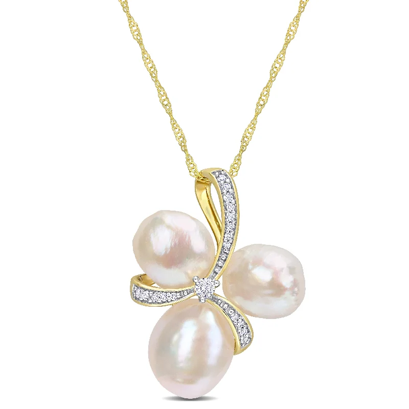 minimalist silver charm necklace -Miadora 8-8.5mm & 9-9.5mm Cultured Freshwater Pearl and 1/10ct TDW Diamond Bow 14k Yellow Gold